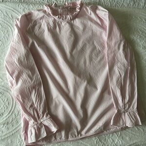 Pink and White Pinstripe Ruffled Long Sleeve Blouse